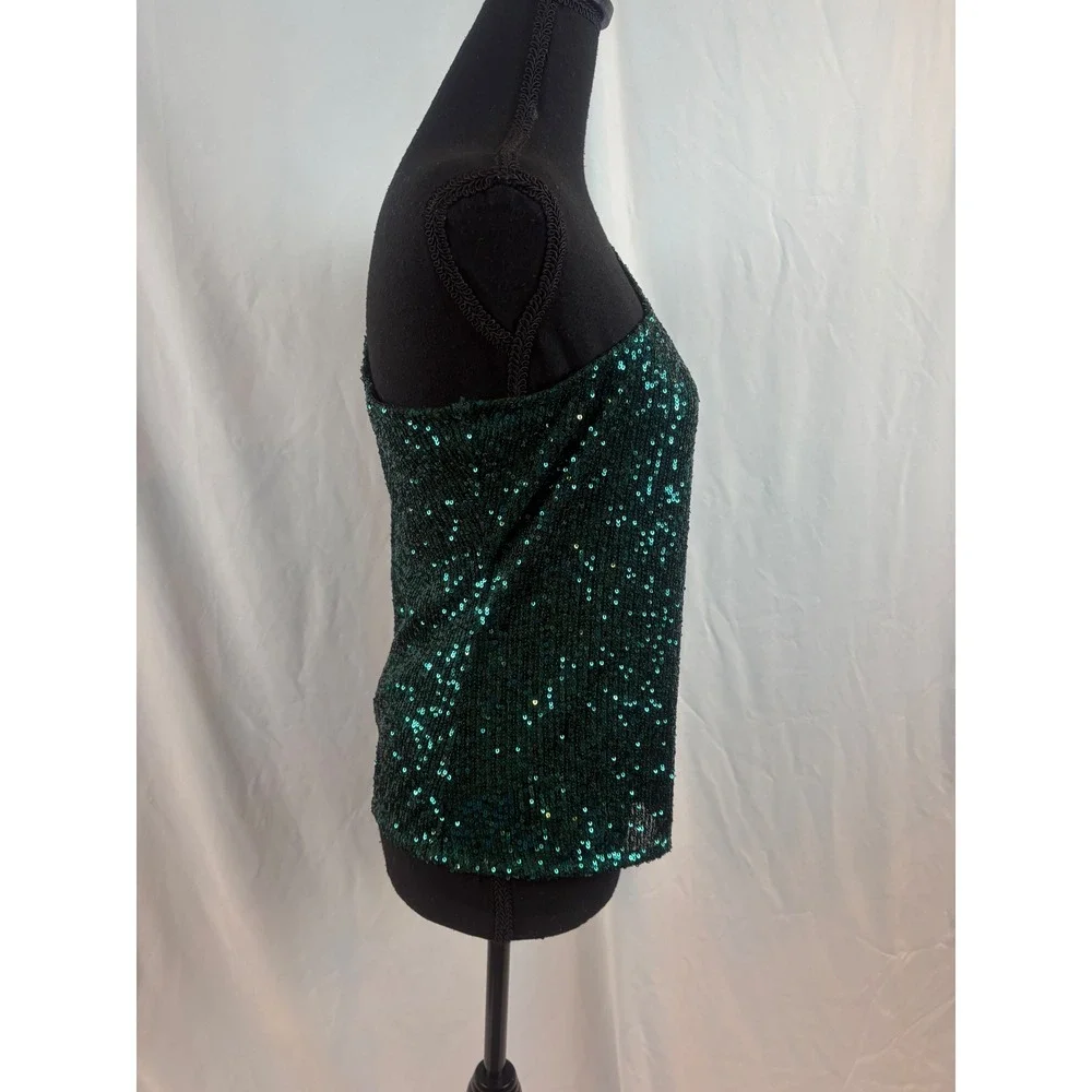 Emerald Green Sequin One Shoulder Long Sleeve Party Top Glam Night Out Blouse - Picture 5 of 7